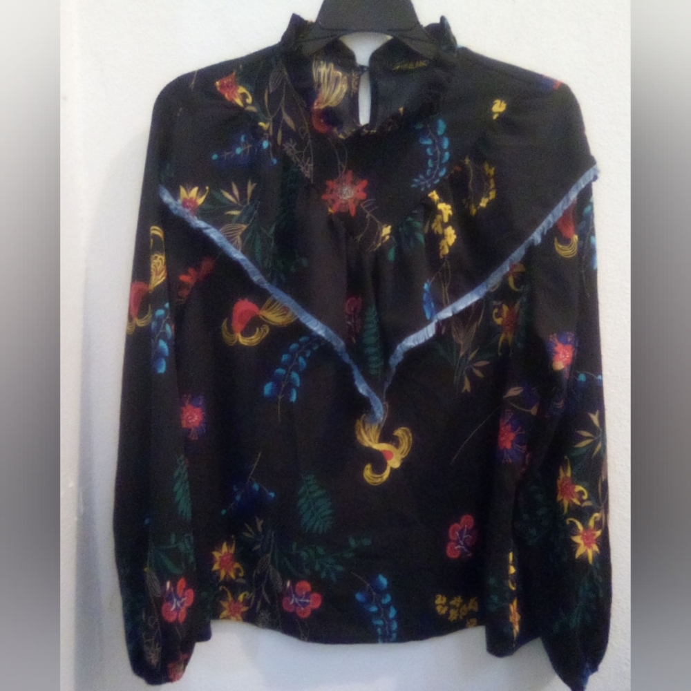 Denimland Black Floral Bohemian Women's Blouse Keyhole Back Size S